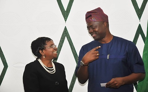 Governor Seyi Makinde of Oyo state with DG NAFDAC, Professor Moji Adeyeye when she led the NAFDAC team on a courtesy call to the Governor in Ibadan