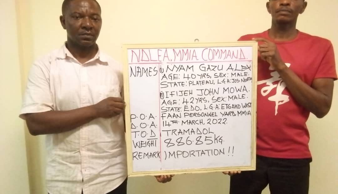 The 2 suspects, Ofijeh John Mova, a SAHCO driver and Nyam Gazu Alex arrested in connection with the Tramadol shipment