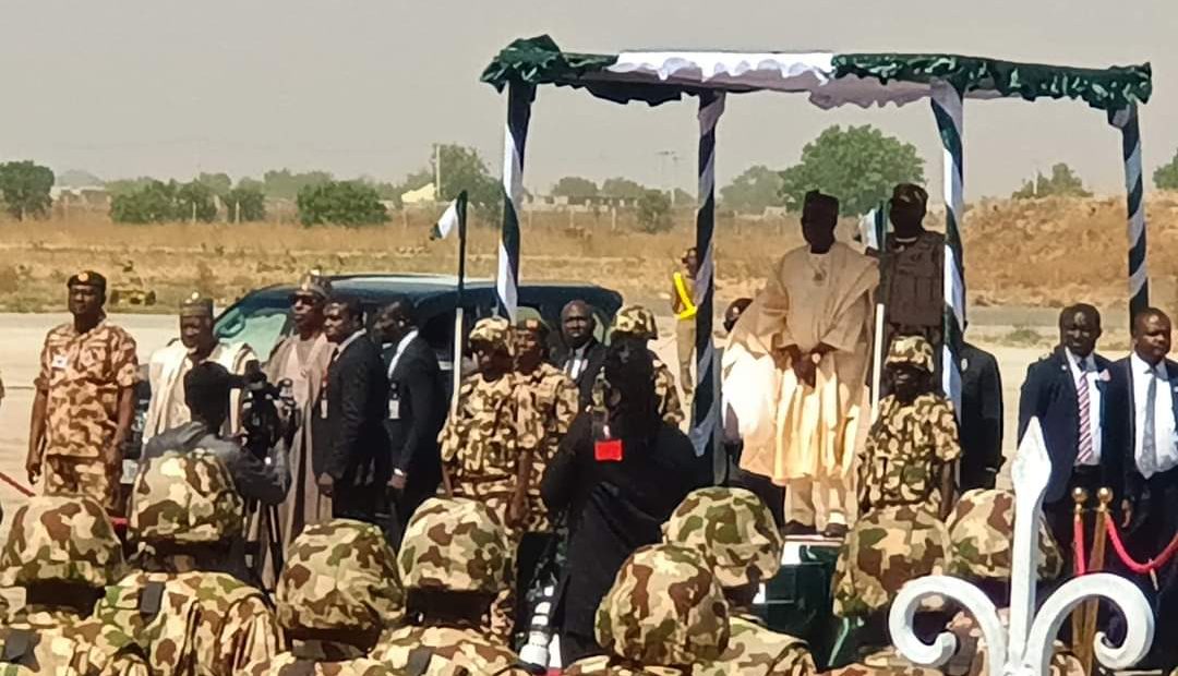 President Bola Tinubu recieving guard of honour mounted by troops of 105 Composite Group Nigeria Airforce Maiduguri.