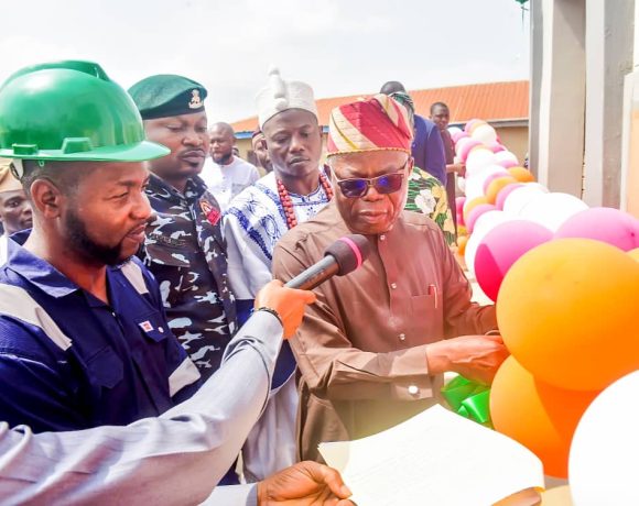 Ondo State Deputy Governor, Olayide Adelami, at the commissioning of Lo Choches Nigeria Limited Palm Oil Processing Plant in Irese, Akure, Ondo State